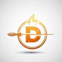 Initial alphabet D with a skewer and fire flame. Low poly Logo design for Barbecue, Seekh Kebab, etc. vector