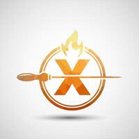 Initial alphabet X with a skewer and fire flame. Low poly Logo design for Barbecue, Seekh Kebab, etc. vector