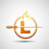 Initial alphabet L with a skewer and fire flame. Low poly Logo design for Barbecue, Seekh Kebab, etc. vector