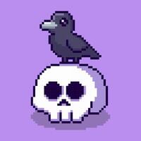 Pixel art Skull with Crow game asset design vector