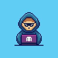 Pixel art Hacker with Laptop in Hood game asset design vector