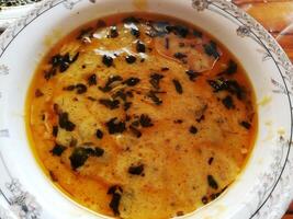 A delightful spread features savory mutton, tender chicken, flavorful daal, and a steaming cup of tea, complemented by an assortment of dry fruits for a touch of sweetness and texture. photo