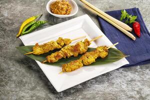 Thai meat skewer Satay with sauce photo