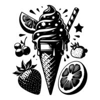 Ice cream with strawberries and cherries in a waffle cone vector
