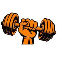 A hand holding a dumbbell in an orange color vector