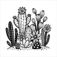Cactus plants and flowers in the desert coloring page vector