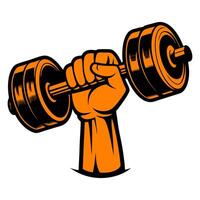 A hand holding a dumbbell in an orange and black color vector