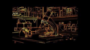 Neon frame effect, Microscope Represents lab work or research on black background video