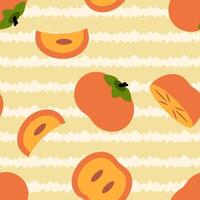 Persimmons fruits seamless pattern on abstract striped background. Perfect art print for banner, card, textile, fabric, paper, sale. Hand drawn illustration. vector