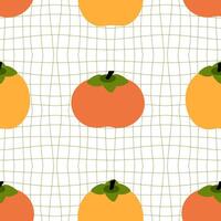 Groovy style persimmons seamless pattern on grid distorted background. Hippie aesthetic print for fabric, paper, textile. Hand drawn illustration. vector
