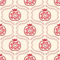 Hand drawn damask style pomegranates fruits seamless pattern. Perfect art print for banner, card, textile, fabric, paper, sale. Hand drawn illustration. vector