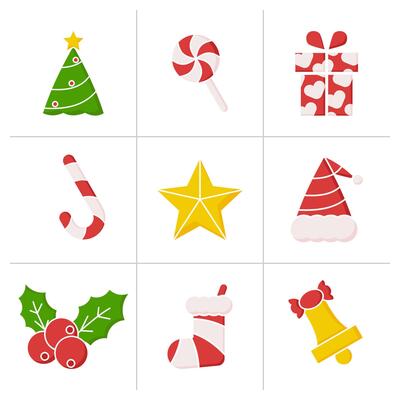 a collection of Christmas illustrations such as gift icons, stars, lollipops, Christmas trees, Santa hats, berries, socks. modern decoration design