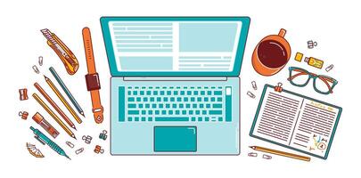 A top-down view of a student s workspace showcasing an e-learning and education theme, featuring a laptop, books, perfect for a university banner or study related visuals vector