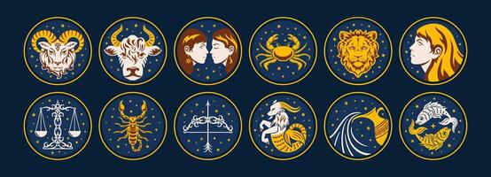 A set of 12 astrological signs illustrated with celestial objects, embodying themes of astrology, mysticism, and the cosmos, symbolizing the prediction of the future. art style. vector