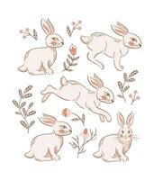 A set rabbits depicted in a vintage Scandinavian folk style, featuring illustrations, Swedish design elements. This artwork embodies rustic decor and floral patterns. Moon Festival, Mooncake Festival vector