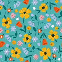 Seamless cute floral pattern on turquoise background. graphics. vector