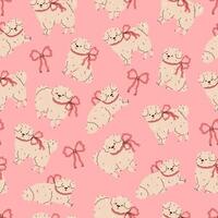 Seamless pattern with cute dogs with bows on a pink background. graphics. vector