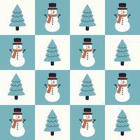 Checkered seamless pattern with snowmen and fir trees. graphics. vector