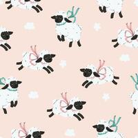 Seamless pattern with cute jumping sheep with black muzzles and bows on their necks vector