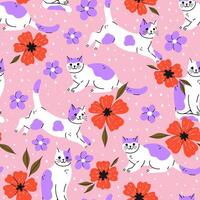 Seamless pattern with cute cats and flowers. graphics. vector