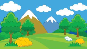 Cartoon mountain landscape with trees and clouds vector