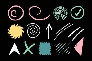 Brush stroke square, spiral, arrow element scribble line hand drawn sketch design flat illustration on Black background. vector
