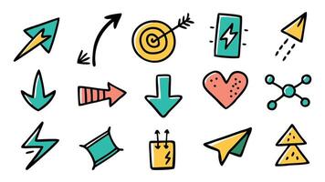 Doodle sketch hand drawn direction element set. Pencil doodle flat line design cartoon elements. Scribble swirl arrow sign. illustration. white background vector