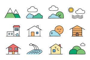 Home, hill, weather, wave, cloud upset color graphic icon set. illustration white background. vector