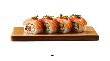 Fresh salmon sushi rolls arranged on a wooden plate, highlighting vibrant colors and textures in a modern dining setting. png