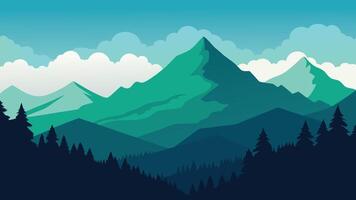 Mountains shrouded in clouds, with lush green trees adorning the landscape below flat illustration. vector