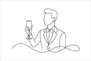 A man elegantly holds a glass of winec continuous line art flat illustration on white background vector