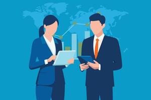 Man and woman working using digital tablet tech discussing financial market data standing at corporate office meeting. isolated flat illustration vector
