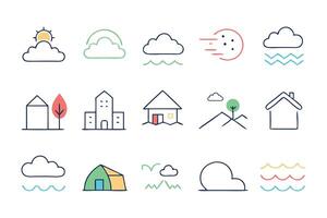 Various line shape weather icons showcasing sun, rain, snow, and clouds, representing diverse meteorological conditions illustration set on white background vector