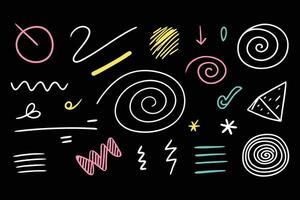 Brush stroke square, spiral, arrow element scribble line hand drawn sketch design. Crayon pencil style. illustration isolated flat illustration on Black background. vector