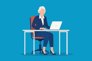 Professional middle aged female company executive manager working looking at computer at workplace isolated flat illustration. vector