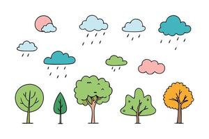 Hand drawn line shape rain cloud and tree set flat illustration on white background vector