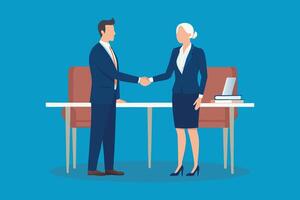 Happy mid aged business woman manager handshaking greeting client in office. Smiling female executive making successful deal isolated flat illustration vector