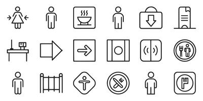 Toilet, food court, elevator, exit door and public navigation related editable stroke outline icons set isolated flat illustration on white background vector
