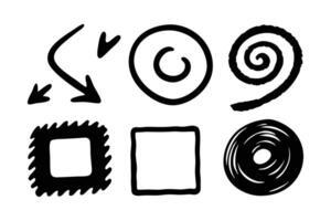 Grunge square, spiral, arrow element scribble line brush hand drawn sketch flat illustration on white background. vector