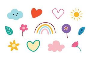 Hand drawn doodle sketch childish element set. Flower, heart, cloud children draw style design elements flat illustration set white background vector