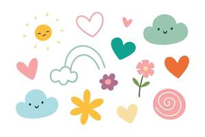 Hand drawn doodle sketch childish element set. Flower, heart, cloud children draw style design elements flat illustration on white background vector