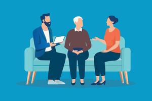Middle aged couple and a counselor having a conversation in the lobby isolated flat illustration vector