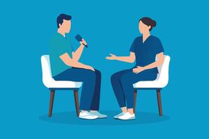 Man and woman sitting in chairs, engaged in a lively discussion, showcasing a moment of connection and dialogue, flat illustration. vector