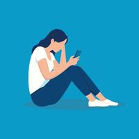 Woman in trouble while looking at her smartphone isolated flat illustration. vector