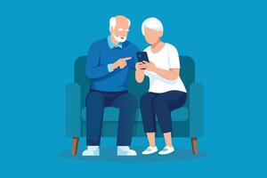 Senior couple using a smartphone isolated flat illustration. vector