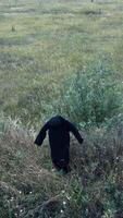Top view of a dark spooky figure in grass. Ghost in black mantle with hood standing alone in the field. Halloween time. Vertical video