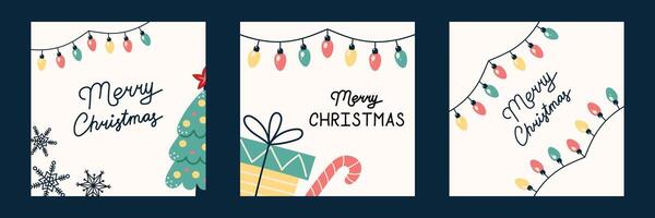 Set of square Christmas banners with garland. Greeting card on light beige background. Christmas and New Year. illustration. vector