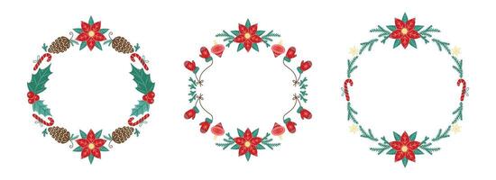 Round Christmas frames collection with branches and leaves. Winter frame with empty space for text. Christmas and New Year. Isolated illustration. vector