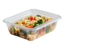 A vibrant mix of pasta and colorful vegetables is neatly packed for easy enjoyment. png