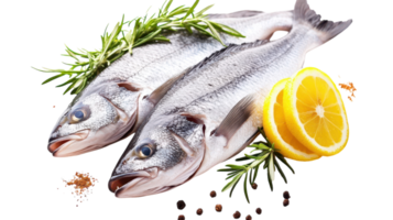 Two fish lie beside vibrant herbs and lemon, ready for a culinary delight in the kitchen. png